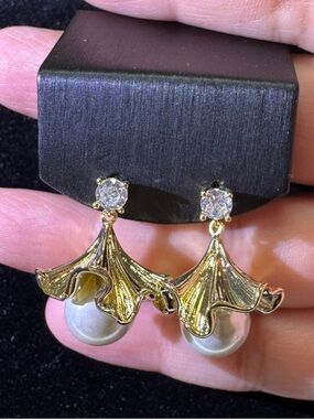 Gold Pearl Drop Earrings with cz Studs-S925 posts